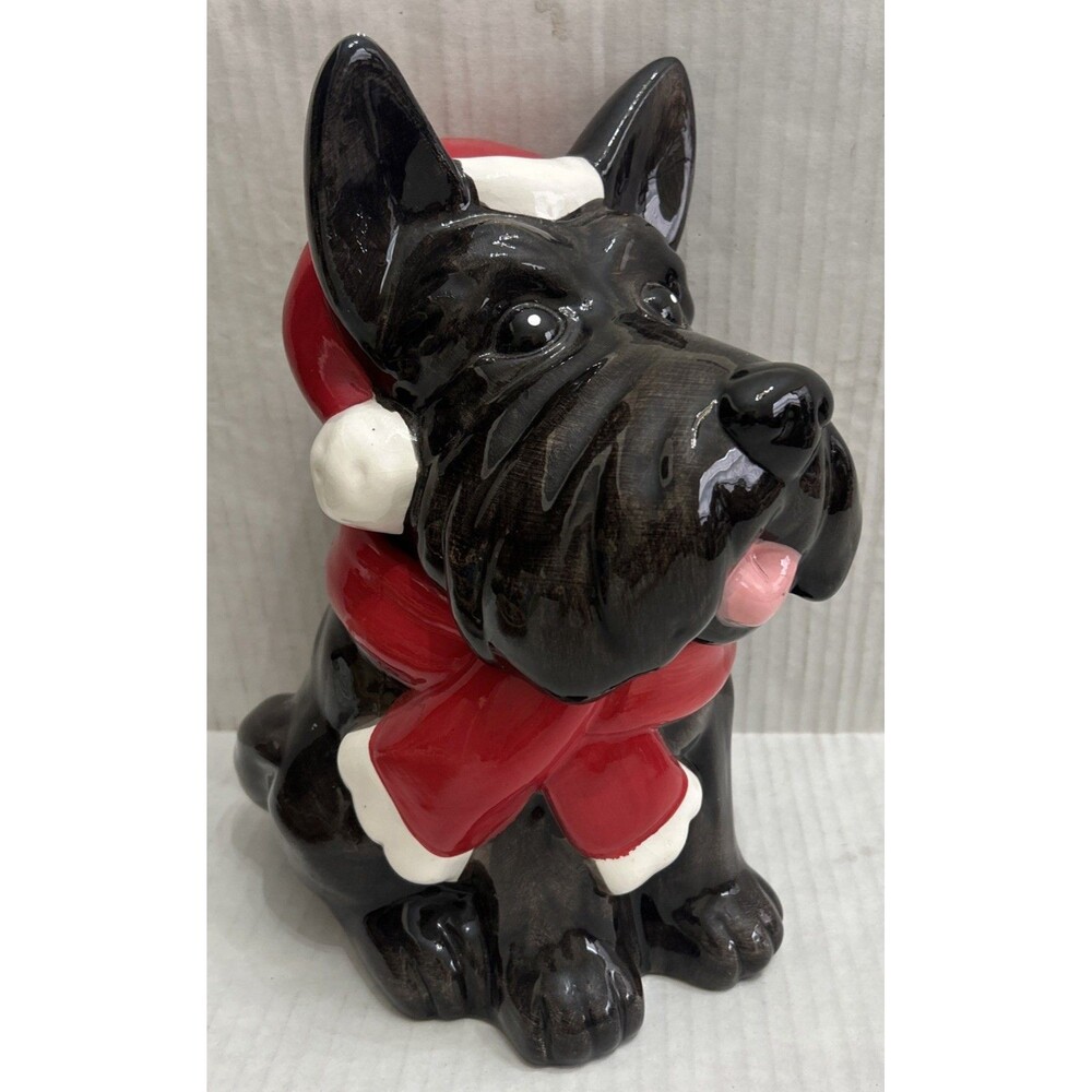 BLACK SCOTTISH TERRIER SCOTTIE DOG COOKIE JAR CHRISTMAS SANTA HAT Earthenware